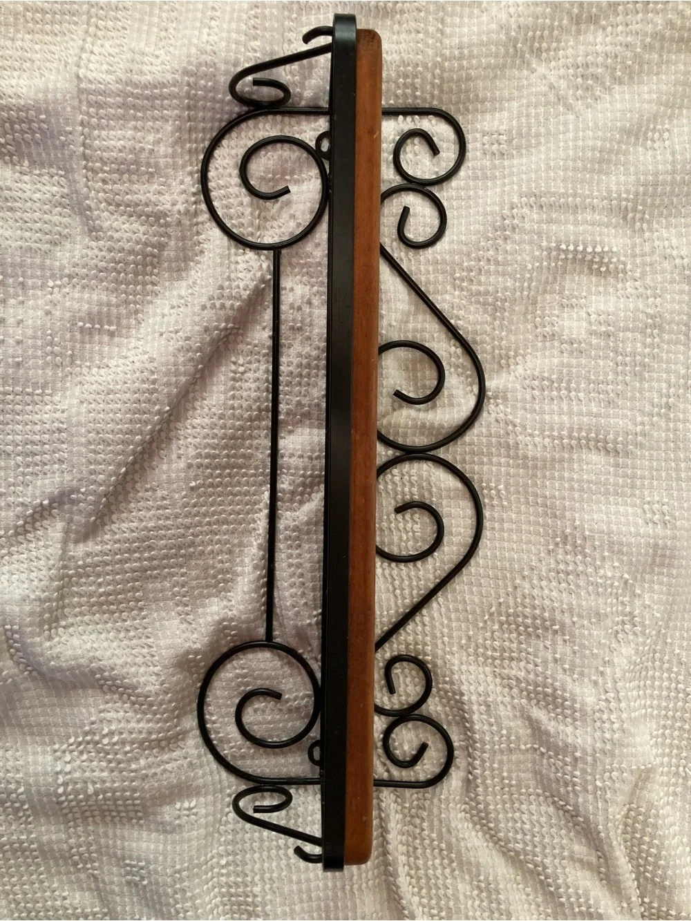 Vintage Wood Shelf with Decorative Black Metal Scroll Brackets
